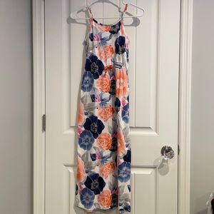 Gymboree girls blue and reddish orange flower printed dress. Size 7-8 (M).